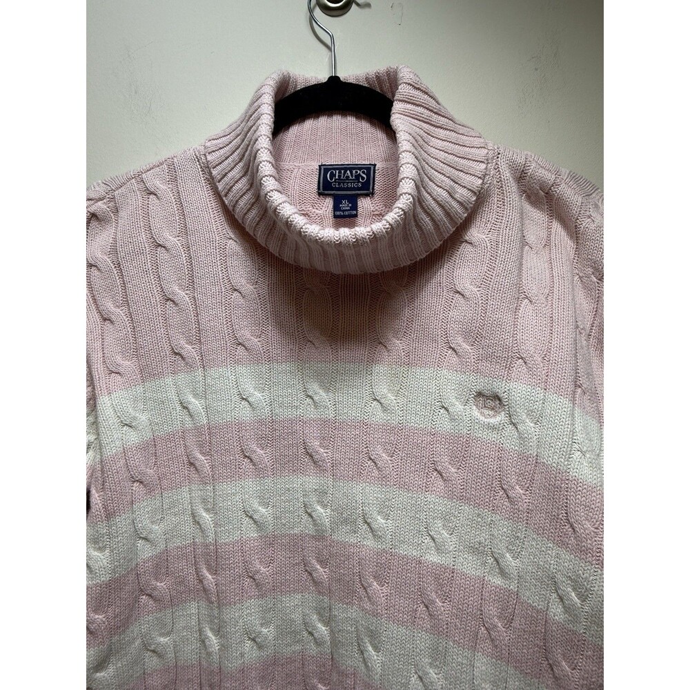 Vintage Cable Knit Sweater Preppy White With Pink Stripes 100% Cotton Turtleneck - Picture 1 of 5